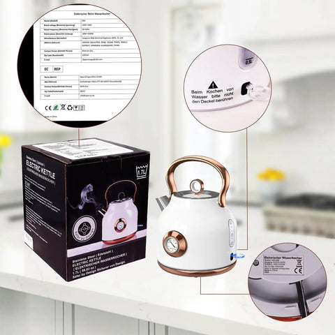 1.7L Stainless Steel Electric Kettle With Big Temperature Gauge And LED Indicator, 1500W Fast Boil For Quick Tea Or Coffee, Auto Shutoff And Boil Dry Protection, White next to packaging.