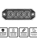 Battle Tested Led Caution Light Featuring Four High Output Surface Mount Beacons For Tow Trucks And Utility Fleet With Dual Memory Flash Patterns And Crisp Green Lens Optics, showing 4 LEDs in waterproof housing.