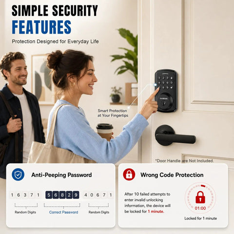 Programmable Electronic Keypad Deadbolt Keyless Entry Door Lock For Bedroom Closet Apartment Hardware Matte Black Finish shown in use on a door.