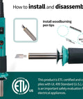 Diagram showing how to install and disassemble the 14 In 1 Wood Burning Kit With Adjustable Temperature Pen Heat Deflector Rubber Grip