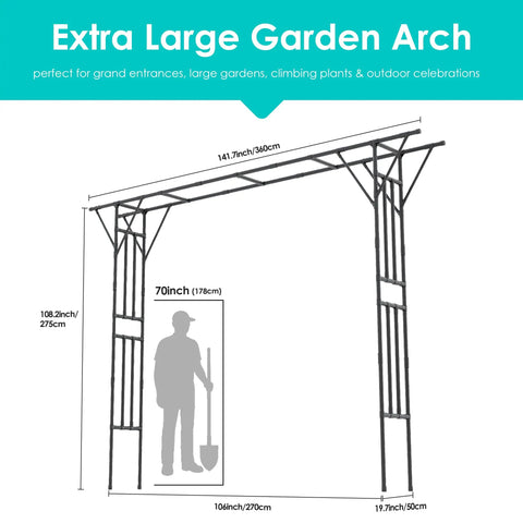 Flat Top Garden Arch Trellis For Climbing Plants Extra Large 11 Ft By 9 Ft Outdoor Metal Arbor diagram with dimensions and silhouette
