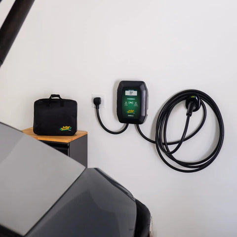 48 Amp Level 2 Wall Mounted Indoor Outdoor Fast Electric Vehicle Charging Station With 25Ft Flexible Cable Nema 14-50 Connector mounted on wall with charging cable.