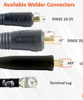 Image showing available welder connectors including DINSE 10-25, DINSE 35-70, LC-40, and Terminal Lug, with sizes.