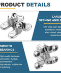 Slick Hidden Cabinet Door Hinge Set Of Three With Screws 180 Degree Cross Mount Invisible Overlay hardware showing smooth bearings and opening angle.