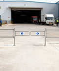 Top Shelf Single Swing Stainless Steel Security Gate With Hella Sturdy Railings Crafted For No Fuss Crowd Control And Breezy Event Access Solutions That Just Click Perfectly Every Time at factory entrance.