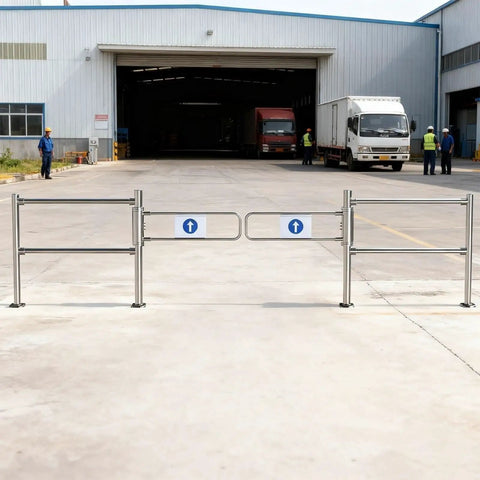 Top Shelf Single Swing Stainless Steel Security Gate With Hella Sturdy Railings Crafted For No Fuss Crowd Control And Breezy Event Access Solutions That Just Click Perfectly Every Time at factory entrance.