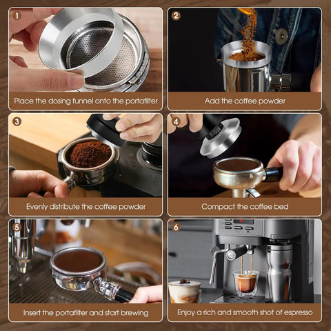 Smooth Operator 58Mm Espresso Setup Comes With Pro Grade Stainless Steel Tamper Ground Leveler And Quick Pour Dosing Funnel, showing steps to brew espresso