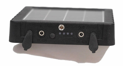 Hella Reliable Trail Camera Solar Panel With 3000Mah Capacity And Smooth AC Adapter Plus Five Foot Cable showing ports and connections