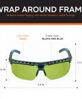 Battle Tested NoIR Laser Safety Glasses Featuring A Hella Comfortable Wraparound Fit For Maximum Ultraviolet And Infrared Eye Protection Laser Grade Durability, black and blue wrap around frame with green lenses.