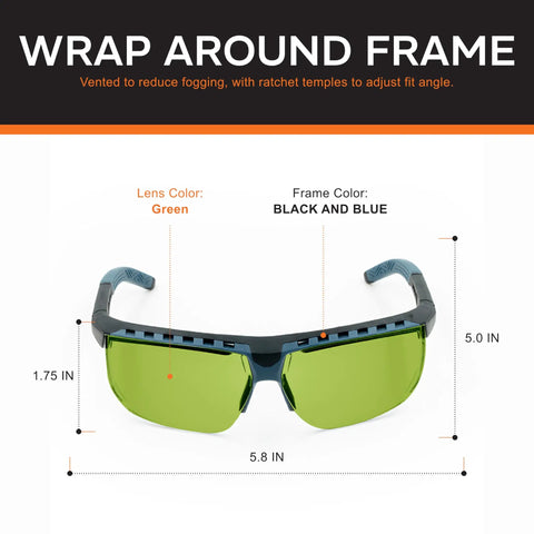 Battle Tested NoIR Laser Safety Glasses Featuring A Hella Comfortable Wraparound Fit For Maximum Ultraviolet And Infrared Eye Protection Laser Grade Durability, black and blue wrap around frame with green lenses.