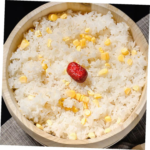 Premium Handcrafted Wood Steamed Rice Bucket With Lid, round beige cask filled with rice and corn.