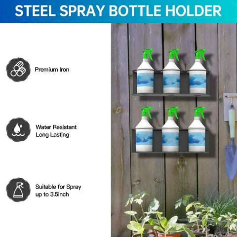 Heavy Duty Wall Mounted Spray Can Rack Solid Iron Garage Organizer Rig That Holds Tight Stores Three Paint Bottles Securely Black Workshop Storage Holder Set Of Two, showing mounted spray can rack with two shelves.