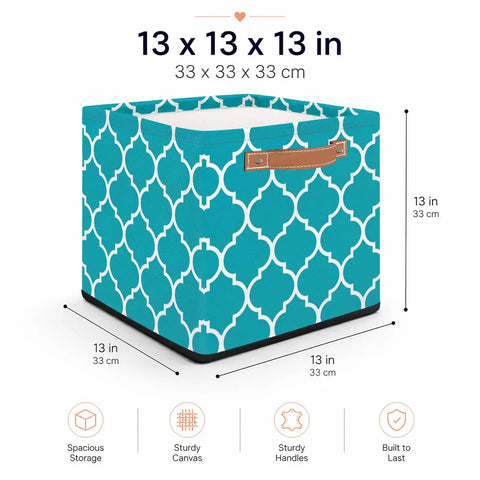 Moroccan Tile Foldable Storage Cube With Slick Reinforced Handles For Clothes And Linens Heavy Duty Waterproof Closet Organizer 13 Inch Shelf Bin shown with dimensions and design.