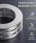 Built Tough Rock Solid 51110 Thrust Ball Bearings close-up, showing premium bearing steel, 50mm x 70mm x 14mm size, stable structure.