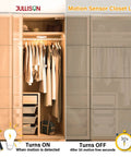 4 Inch Field Selectable 5CCT LED Motion Sensor Ceiling Light For Closets showing on-off mode, installed in wooden closet