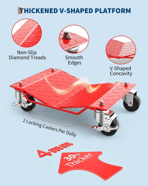 No Sweat Professional Grade Four Pack Vehicle Wheel Dollies 6000 Lb Capacity Heavy Duty Car Moving Plates with V-shaped platform.