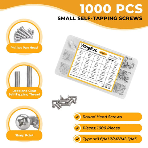 1000 Piece Rust Resistant Carbon Steel Mini Screw Kit With Phillips Pan Heads For Electronics Repair And Gadget Fixes M1.6 To M3 with organized box.