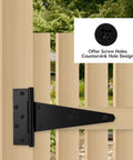 Badass 10 Inch Heavy Duty Gate Hinges 2 Pack Wrought Iron T Straps mounted on a wooden gate showcasing countersink hole design.