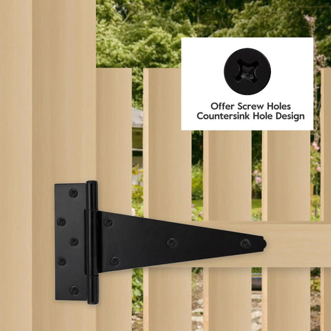 Badass 10 Inch Heavy Duty Gate Hinges 2 Pack Wrought Iron T Straps mounted on a wooden gate showcasing countersink hole design.