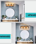 Rustic Three Light Vanity Fixture With Industrial Black Finish And Faux Wood Back Panel in upward and downward positions