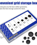 Top Drawer Rubber Grommets With Flame Resistant Cable Hole Plugs For Wire Wrangling And Electrical Upgrades In Seven Sizes in storage box.