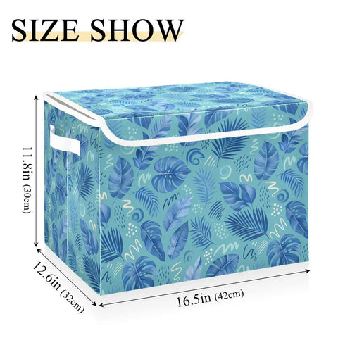 Sturdy Collapsible Storage Bin With Flip Top Lid And Easy Grip Handles For Bedroom Organization 300d Oxford Fabric Foldable Closet Box With Secure Velcro Closure, 16.5 x 12.6 x 11.8 inches, leaf pattern.