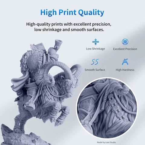 Top Shelf 3D Printer Resin In Smooth Grey Finish Hella Precise 405 Nm Uv Curing Formula For SlA Lcd Msla Machines Quick Cure With Low Shrinkage And Killer Surface Detail One Kilogram Pack sculpture of a rider on a ram highlighting smooth surface and fine details.