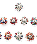 Set Of Ten Totally Rad Vintage Ceramic Drawer Pulls And Cupboard Cabinet Door Knobs Featuring Super Sleek Multicolor Designs Plus Rock Solid Chrome Hardware, colorful ceramic knobs arranged in two rows.