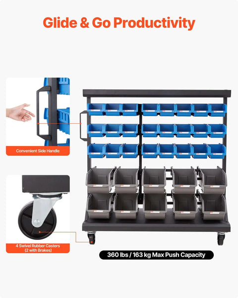 Straight Up Reliable Dual Sided Rolling Storage Rack With Sixty Eight Tough Plastic Parts Bins And Quick Label Slots, Slick Mobile Tool Caddy showcasing side handle and swivel casters.