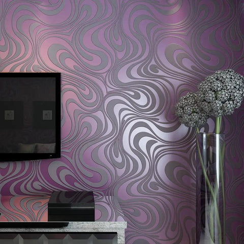 3D Flocking Wall Wallpaper Roll With Abstract Curve Pattern In Striped Purple For A Dope Accent Wall Non Woven Upgrade