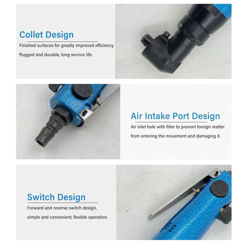 Close-up of 9000 RPM Right Angle Pneumatic Air Grinder With Self Locking Collet, showcasing collet and air intake port designs.