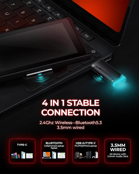 Close-up of a laptop with 2.4Ghz USB dongle and Type-C charging, showcasing wireless and Bluetooth connectivity options.