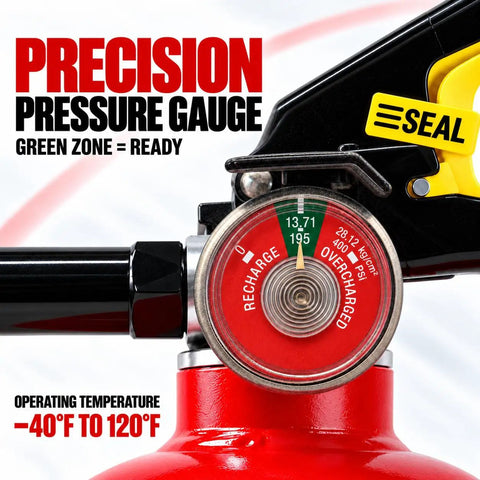 Pressure gauge of The Real Deal Abc Dry Chemical Fire Extinguisher 2.5 Pound shows green zone ready for safety.