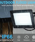 Top Shelf 4 Pack 100W LED Flood Lights Super Bright Security Fixtures With Plug And Play Cable IP66 Waterproof Outdoor Court Lighting 5000K Daylight White mounted on a wall under rain.