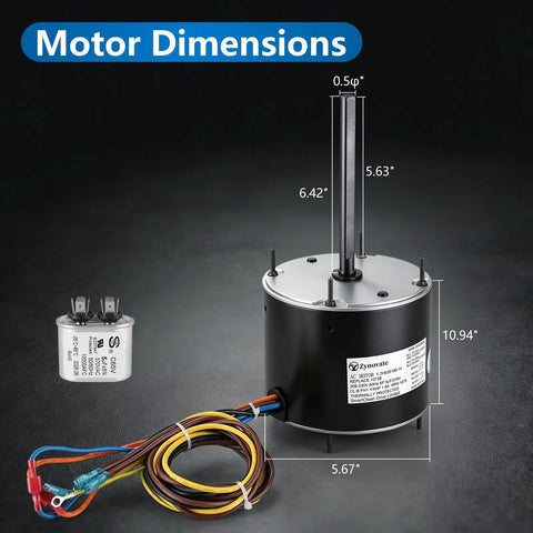 Heavy Duty Condenser Fan Motor Quarter Horsepower 1075 RPM 208 To 230 Volt One Point Eight Amp 48Y Frame HVAC dimensions showing black motor and capacitor
