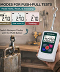Flawless Digital Force Gauge Push Pull Meter for hassle free tension and compression testing showing 3 digital modes and measurement display.