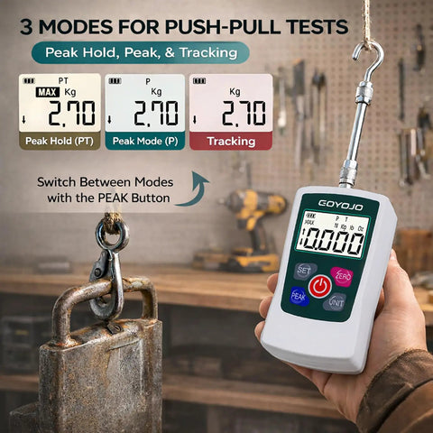 Flawless Digital Force Gauge Push Pull Meter for hassle free tension and compression testing showing 3 digital modes and measurement display.