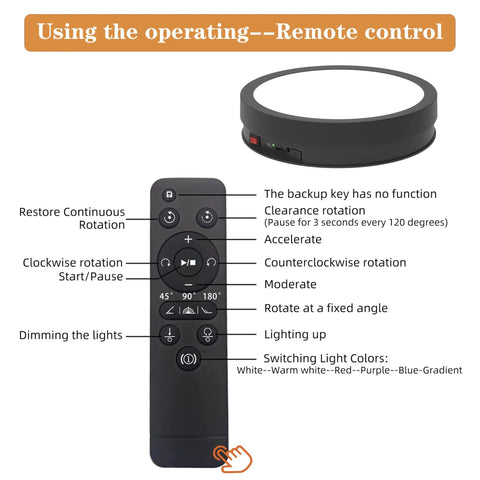 Heavy Duty 360 Rotating Display Stand With Killer Led Base And Remote Control Non Slip Photography Turntable For Jewelry Glass Artwork Retail Merchandise Total Showstopper Flex remote control layout and operation instructions with buttons labeled.