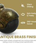 Close-up of Set Of 4 Antique Brass Swivel Stem Ball Caster Wheels With Socket showing silent gliding and 360-degree swivel features.