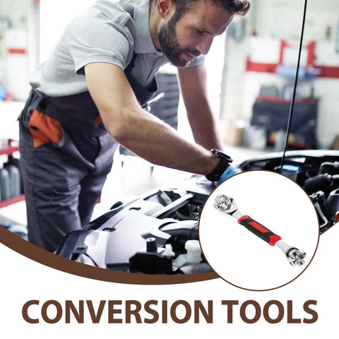 Universal Socket Wrench 48 In 1 With Rotating Head Multi Bit Fastener Tool in use by mechanic over car engine.