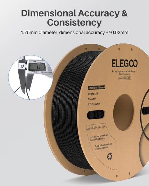 Knock Out Sparkle Black PLA 3D Printer Filament 1.75Mm 1Kg Bag showcasing dimensional accuracy with a caliper.