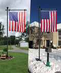 10Ft Garden Flag Pole Stand With 5 Prong Base For 3x5 American Flags shown in summer and winter settings