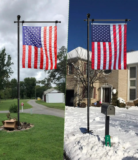 10Ft Garden Flag Pole Stand With 5 Prong Base For 3x5 American Flags shown in summer and winter settings