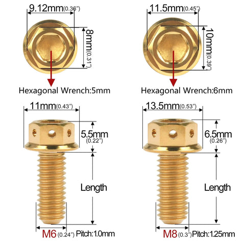 M6 Titanium Hex Socket Flange Head Bolts Screws for Motorcycle Disc Brake Engine Fastener, gold plated, metric sizes