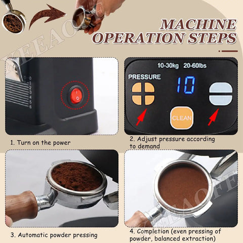 Machine operation steps for 58 Millimeter Electric Espresso Tamper With Fully Adjustable Pressure And Depth Control.