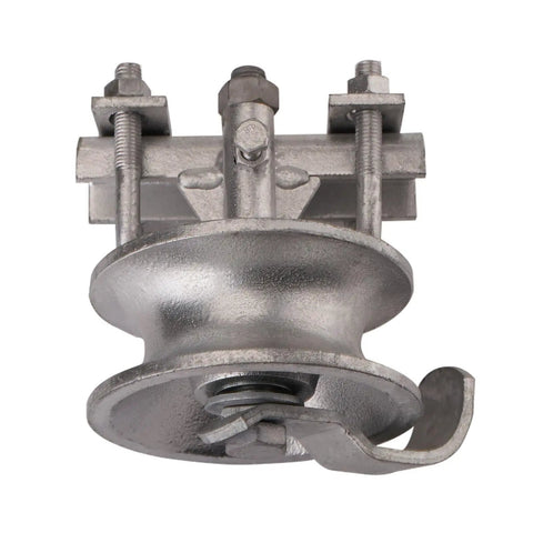 Rock Solid 5 Inch Pipe Track Wheel Rollers For Chain Link Fence Gate Track Galvanized Steel Sliding Gate Replacement Parts Double U Shape Built Tough Easy Swap Pack Of Four, close-up view of a galvanized wheeled roller.