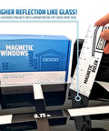 Magnetic Garage Door Window Panels Kit for Two Car Garages, 32 Pcs box with ruler demonstrating faux pane reflection.