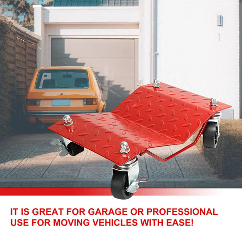 Heavy Duty Tire Skates 4 Pack Wheel Dollies With Slick Swivel Ball Bearing Casters For Hassle Free Car Transport And Gear Moves 6000 Lb Capacity close-up with shiny red color and heavy-duty design.