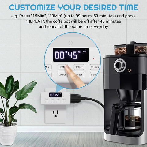 Slick Countdown Timer Outlet Pair Featuring One Touch Digital Dual Plug With Massive Backlit LCD Display showing a 45-minute countdown.