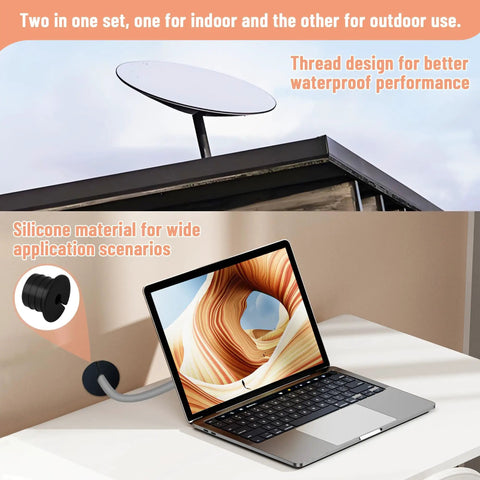No Fuss Cable Routing Kit For Satellite Internet Cables 1 Inch Wall Hole Grommet Set with silicone grommet in use indoors and outdoors.